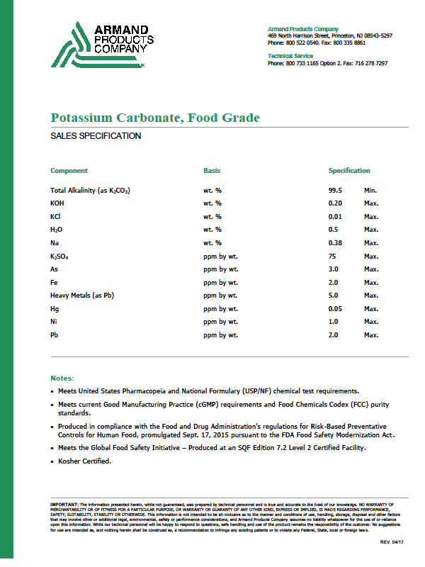 進(jìn)口美國ARMAND公司產(chǎn)食品級(jí)碳酸鉀